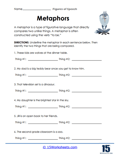 Writing Metaphors with Linking Verbs practice worksheet for grade 4 students, image 16 Fourth grade worksheet focusing on creating metaphors using linking verbs