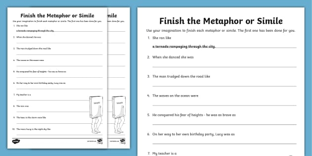 Writing Metaphors with Linking Verbs worksheet for grammar and mechanics exercise number 9 Fourth grade worksheet on creating metaphors using linking verbs with guided practice