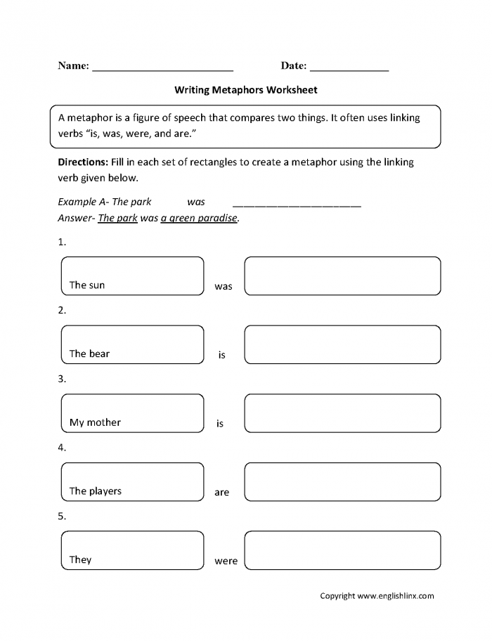 Writing Metaphors with Linking Verbs worksheet for Grammar and Mechanics skills Fourth grade worksheet focused on creating metaphors using linking verbs