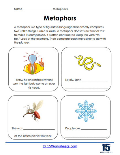 Writing Metaphors with Linking Verbs exercise for fourth graders, image 8 Fourth grade worksheet focused on creating metaphors using linking verbs