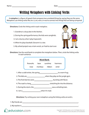Writing Metaphors with Linking Verbs exercise for fourth graders, image 23 Fourth grade students practicing metaphors using linking verbs on worksheet 23