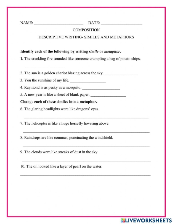 Writing Metaphors with Linking Verbs worksheet for grammar practice, image 19 Fourth grade student completing a worksheet on writing metaphors using linking verbs