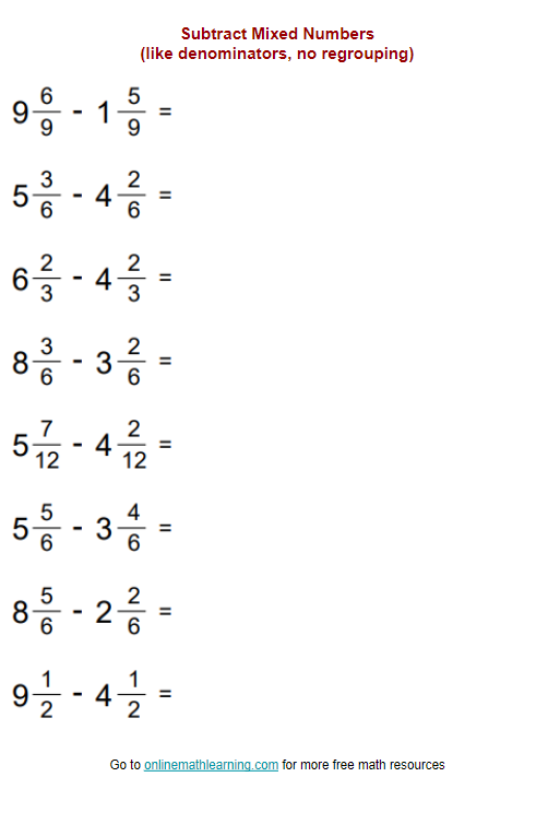 Fourth grade geometry worksheet for subtracting mixed fractions with like denominators involving regrouping