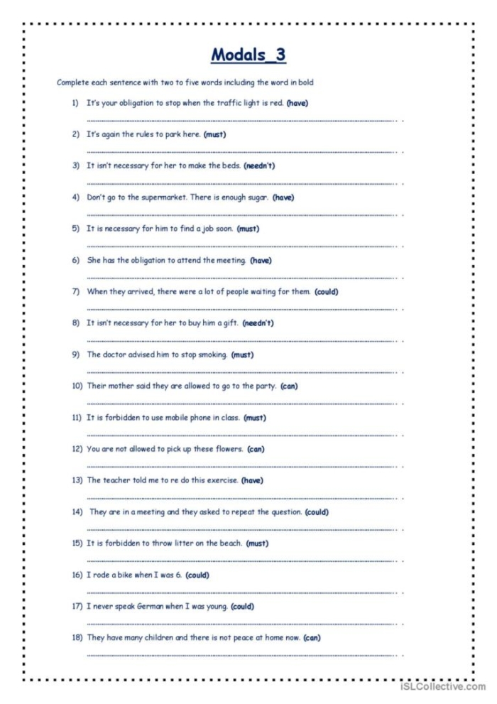 Fourth grade student completing a worksheet on modal verbs in sentences