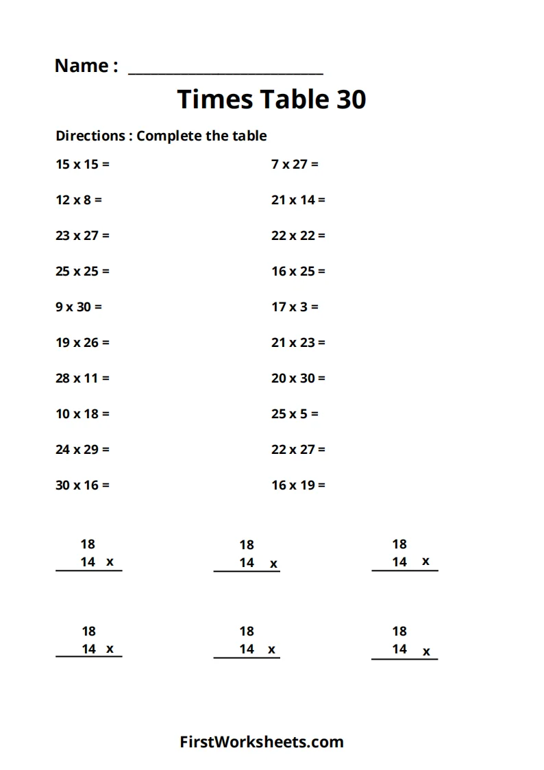 Multiplication Table 30x30 Worksheet Image 8 for Elementary Math Fluency Practice A comprehensive 30 by 30 multiplication table grid for fourth grade math practice and times table drills