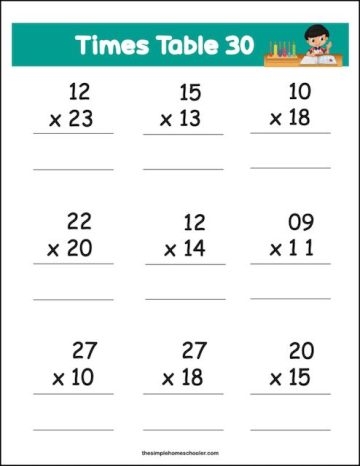 Multiplication Table 30x30 Practice Worksheet for Fourth Grade Math Drills A fourth grade student using a 30x30 multiplication table worksheet to practice times table drills and improve math fluency