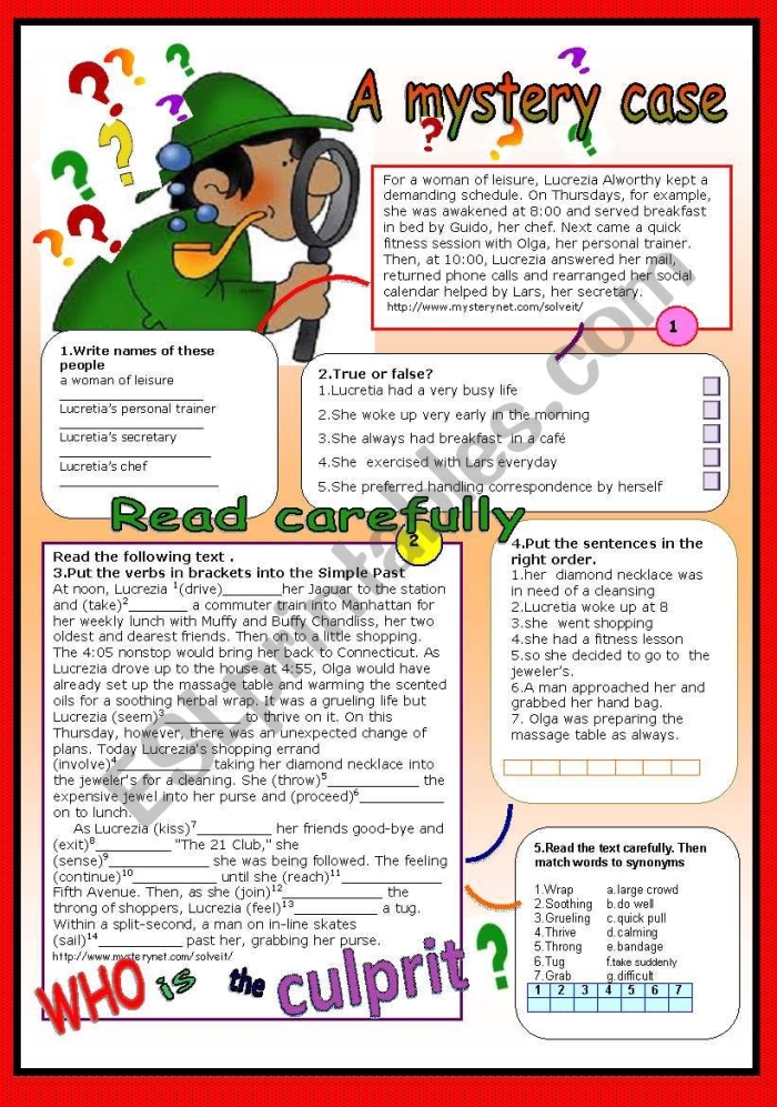 Complete the Mystery Reading Comprehension Worksheet for Grade 4 Students Fourth grade student completing a mystery story worksheet by reading clues and writing their own ending conclusion