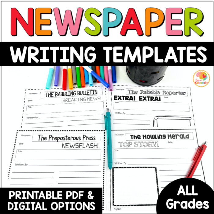 Fourth grade student completing a newspaper article template worksheet in reading class