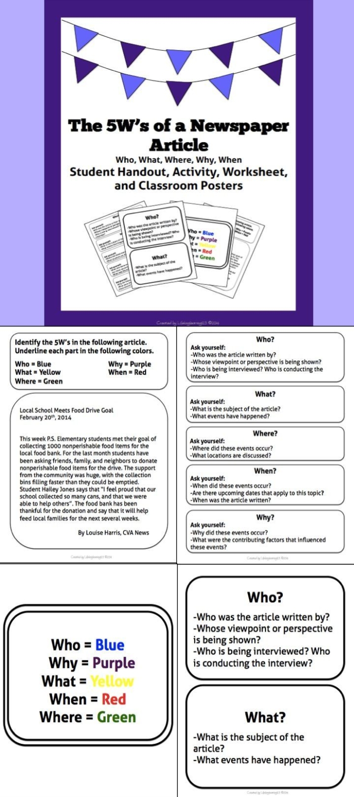 Fourth grade students completing a newspaper article template worksheet for a reading activity