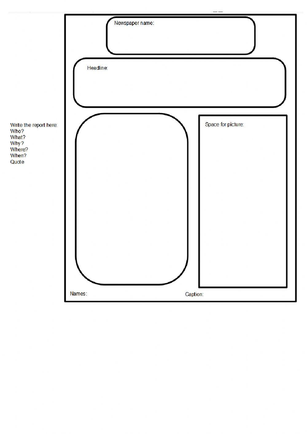 Fourth grade student completing a newspaper article template worksheet for a reading assignment