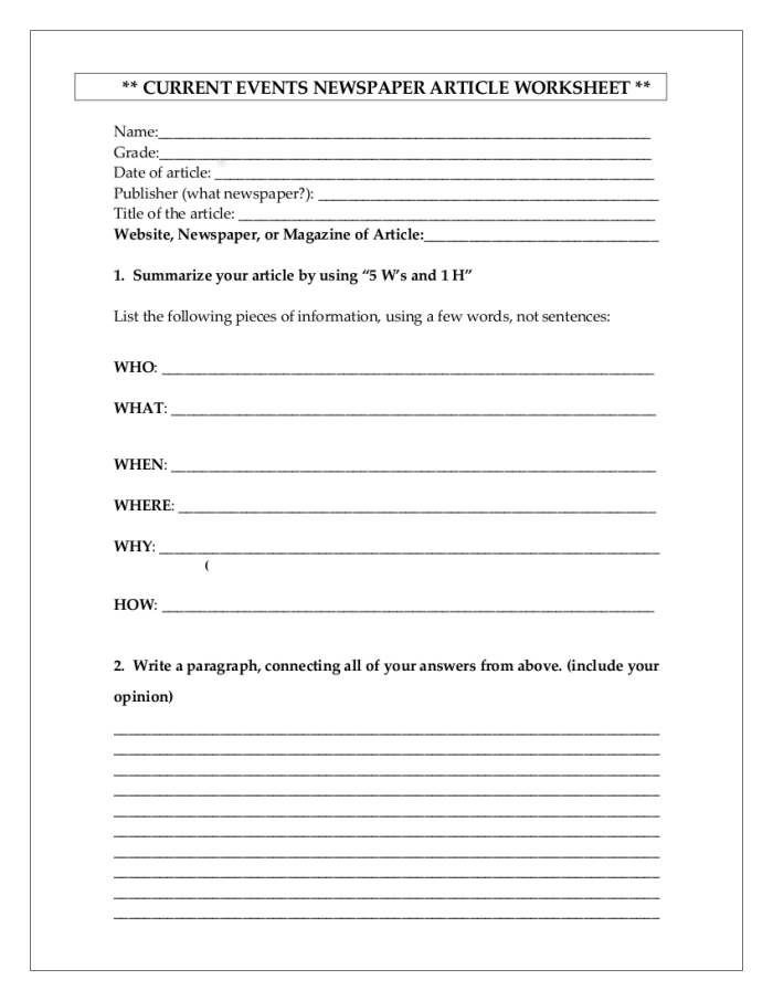 Fourth Grade student completing a newspaper article template worksheet for reading class