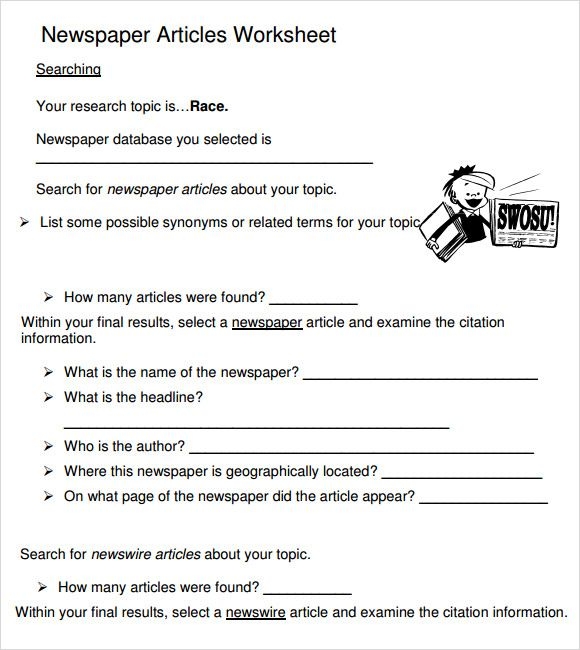 Fourth grade student completing a newspaper article template worksheet for reading class