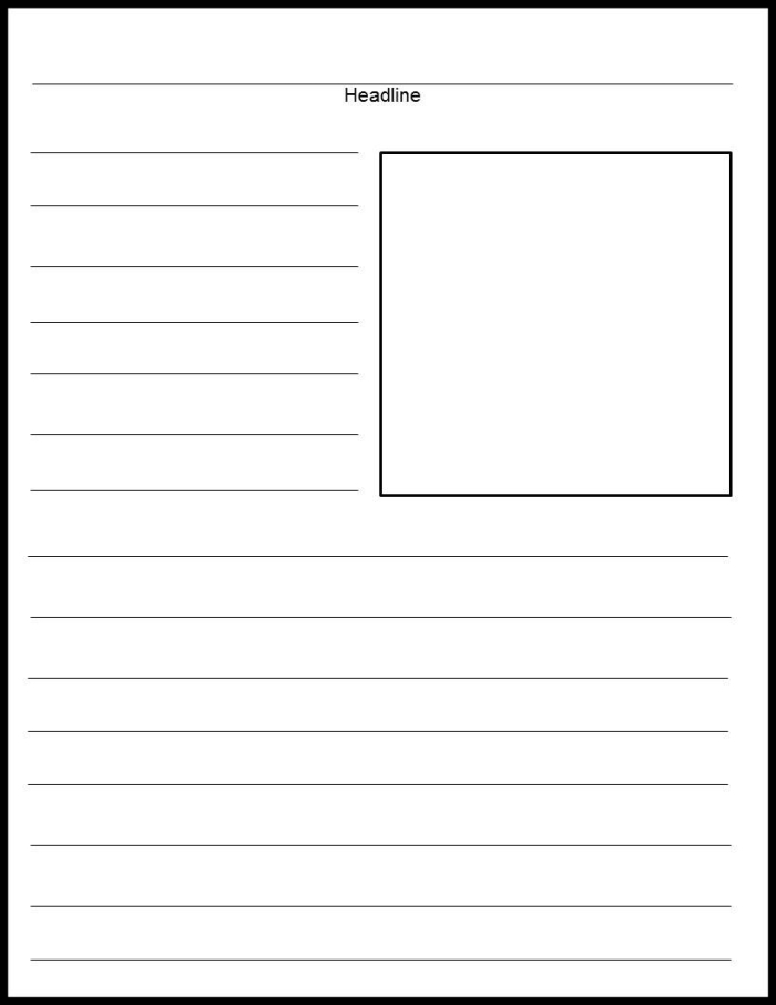 Fourth grade student completing a newspaper article template worksheet