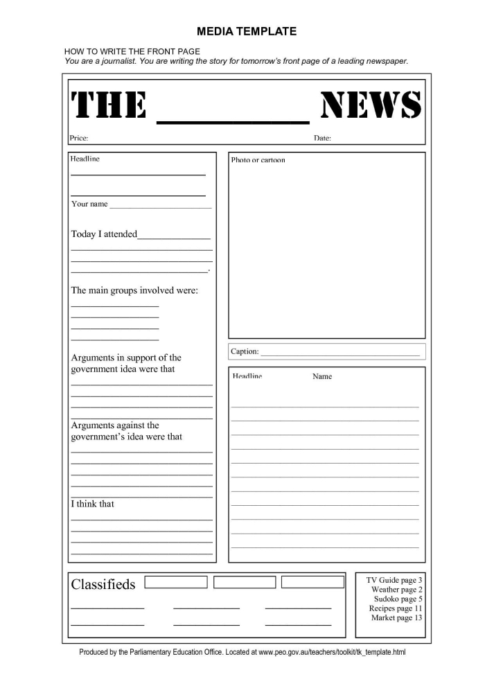 Fourth grade students completing a newspaper article template worksheet in a reading class