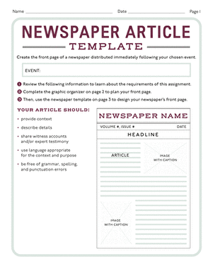 Fourth grade student completing a newspaper article template worksheet for reading class