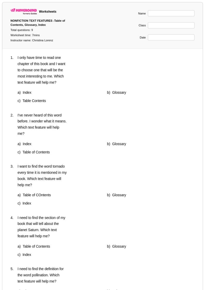 Nonfiction Text Features Checklist resource for comparing texts in fourth grade lesson 14 Fourth Grade Nonfiction Text Features Checklist worksheet for grammar and mechanics