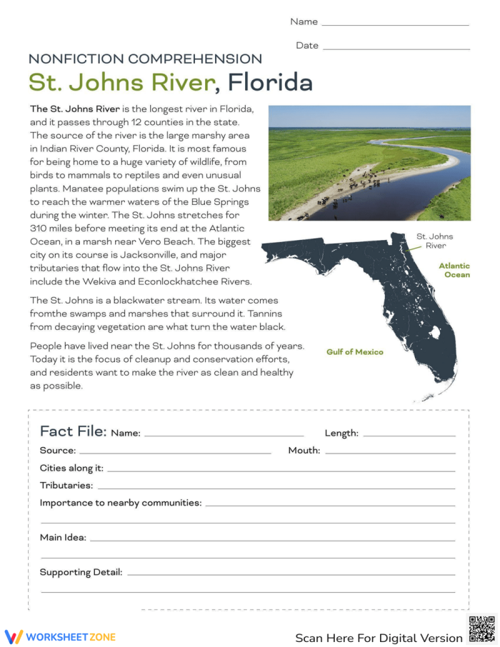 Worksheet featuring nonfiction comprehension about the St. Johns River in Florida for fourth graders
