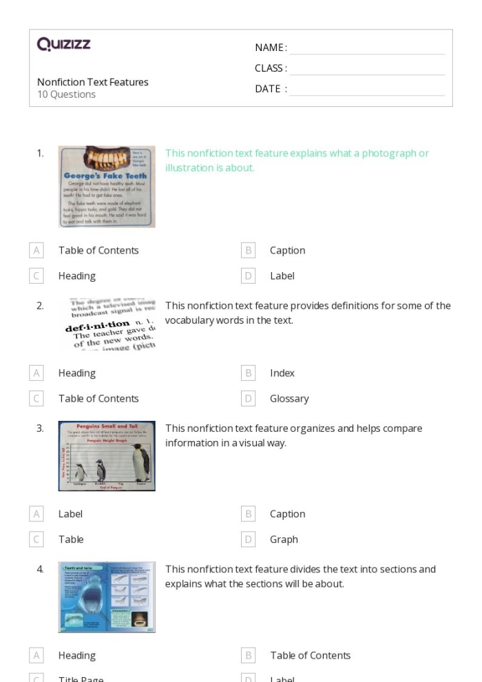 Nonfiction text features checklist for fourth graders, image 3 Fourth grade worksheet showing a checklist of nonfiction text features for grammar and mechanics