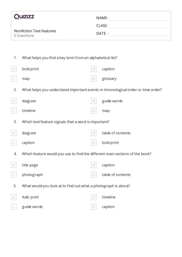 Worksheet for identifying nonfiction text features in a fourth grade classroom setting Fourth grade nonfiction text features checklist worksheet for grammar and mechanics