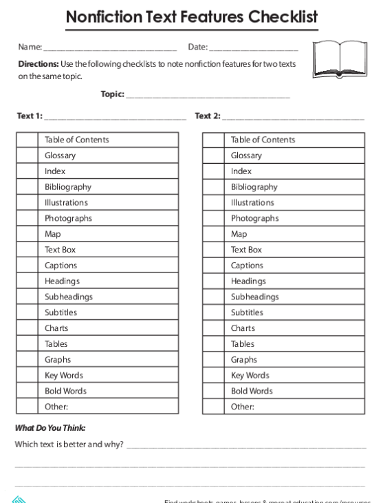 Worksheet for fourth graders focusing on nonfiction text features and comparison skills, image 17 Fourth Grade nonfiction text features checklist worksheet with key components to identify