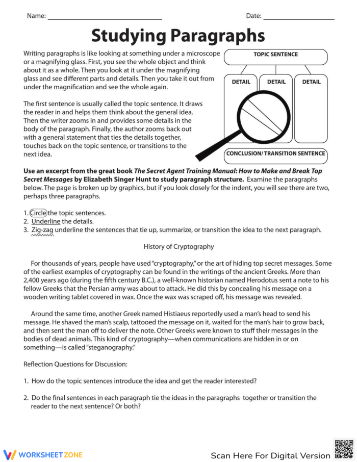 Worksheet for analyzing paragraph structure with a secret agent themed reading passage for fourth graders Fourth grade students working on a Studying Paragraphs worksheet using an excerpt from The Secret Agent Training Manual
