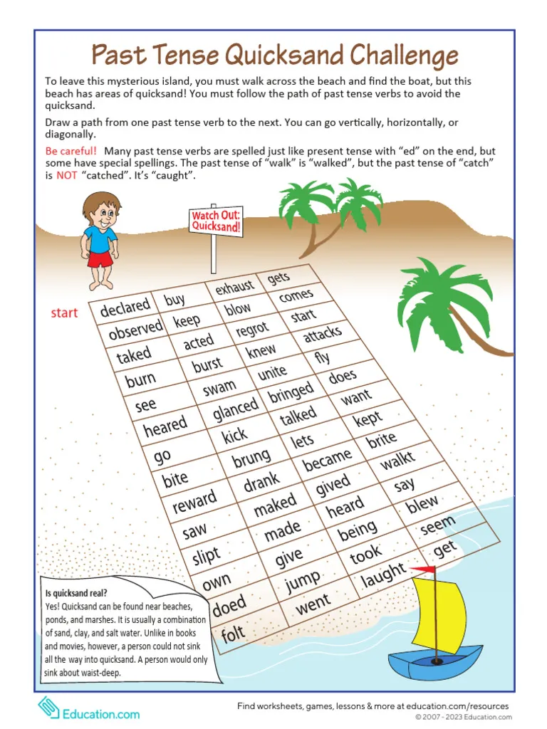 Island adventure past tense practice worksheet for fourth graders Fourth grade worksheet featuring a past tense quicksand activity with an island adventure theme