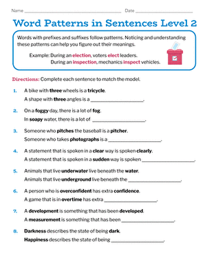 Level 2 Word Patterns worksheet for fourth graders exploring sentence completion with word parts and meanings Fourth Grade Word Patterns in Sentences Level 2 worksheet focusing on community and culture concepts