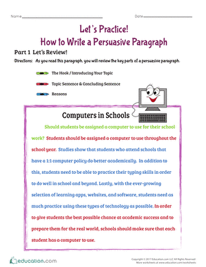 Fourth grade students completing a persuasive paragraph outline worksheet with sections for topic sentence, reasons, and supporting details