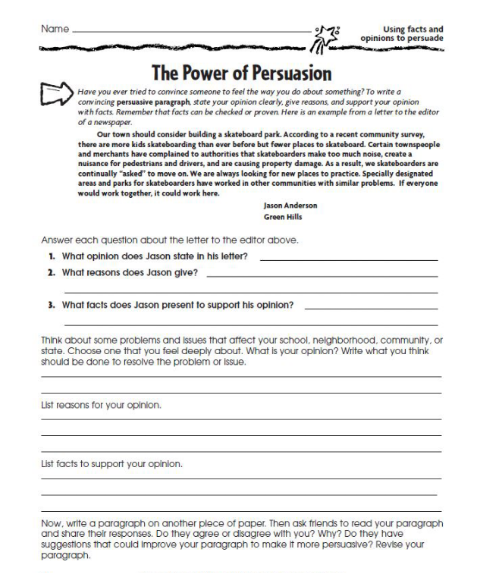 Fourth grade student worksheet showing a persuasive paragraph outline template with sections for topic sentence, supporting reasons, and concluding statement