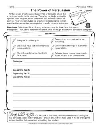 Fourth grade student worksheet showing persuasive paragraph outline with topic sentence, reasons, and conclusion sections to complete