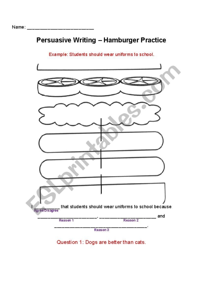 Fourth grade student worksheet showing persuasive paragraph outline template with sections for topic sentence, supporting reasons, and conclusion