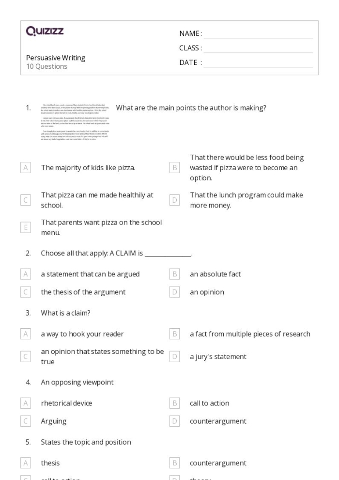 Fourth grade worksheet for persuasive writing about soda with sections for introduction, three arguments, and conclusion