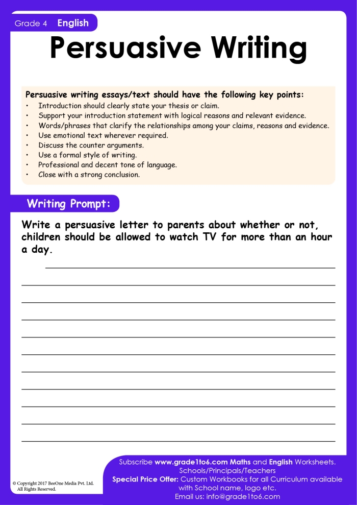 Fourth grade students using persuasive writing prompt cards worksheet focused on measurement