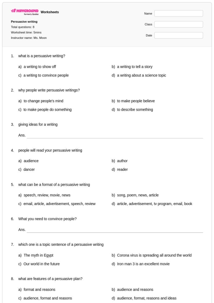 Fourth grade student completing a persuasive writing worksheet about soda with structured arguments