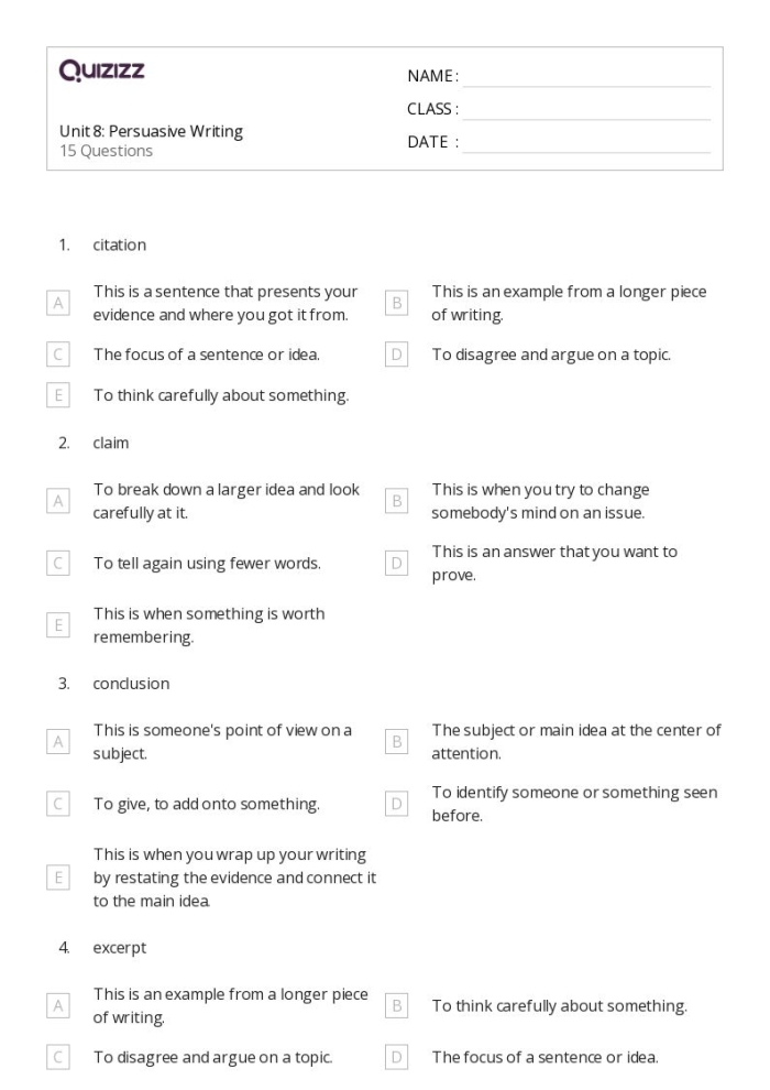 Fourth grade worksheet for persuasive writing about soda with introduction and arguments