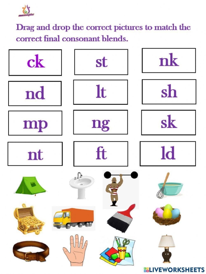 Worksheet for practicing phonics and spelling with common consonant blends for fourth graders