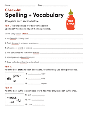 Fourth grade students completing a spelling and vocabulary worksheet focused on phonics and grammar