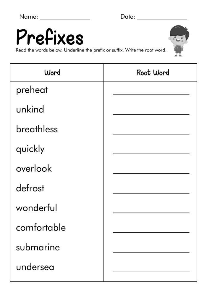 Fourth grade grammar worksheet focusing on circling prefixes in words