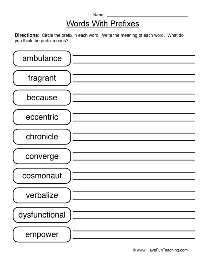 Circle the Prefixes worksheet for fourth grade focusing on identifying prefixes in words
