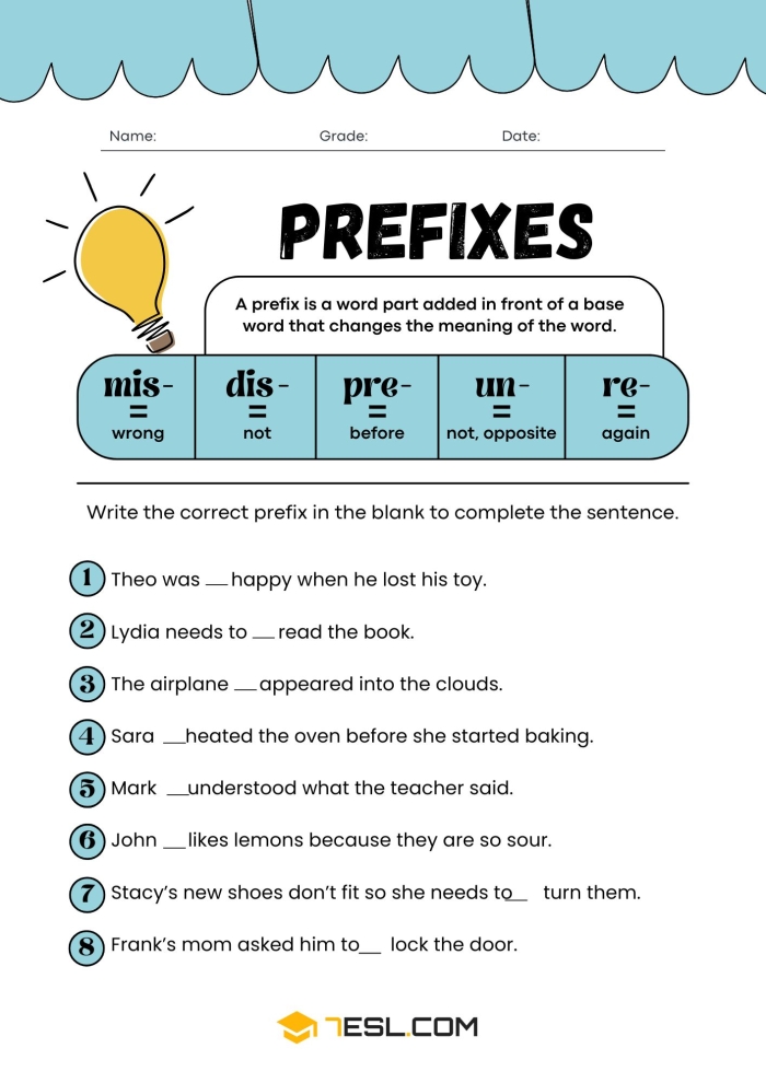 Fourth grade student circling prefixes on a Circle the Prefixes! worksheet about root words