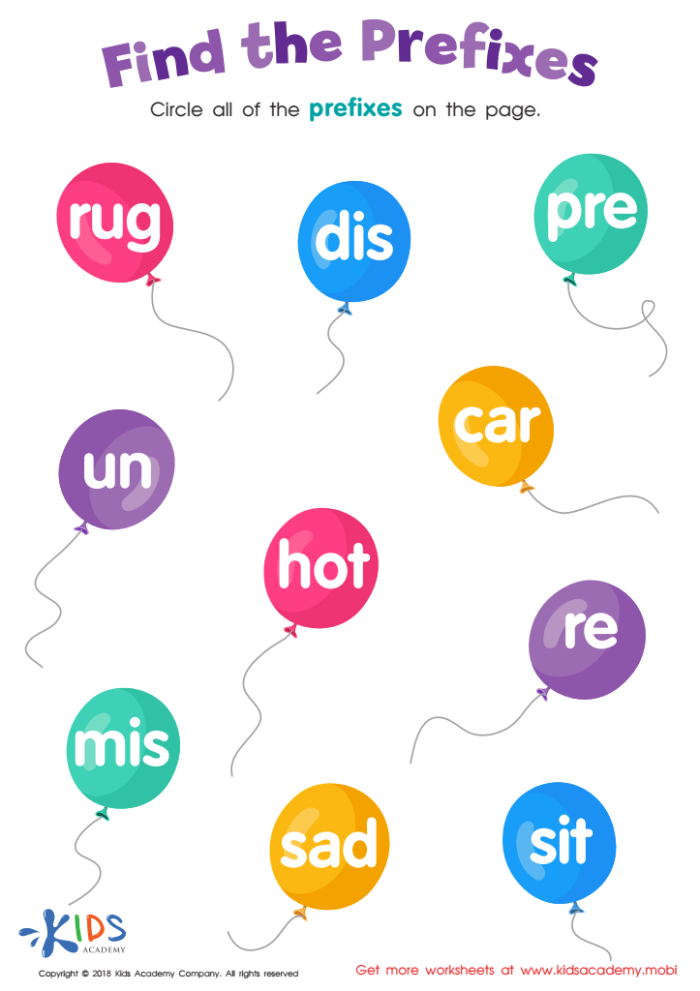 Fourth grade Circle the Prefixes worksheet focusing on root words and prefixes