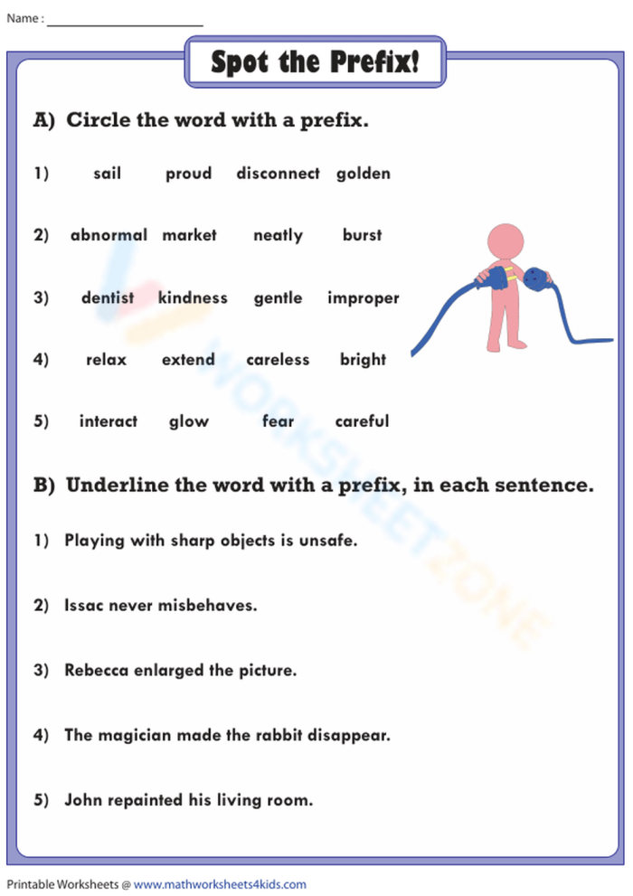 Fourth grade worksheet focused on identifying prefixes in words