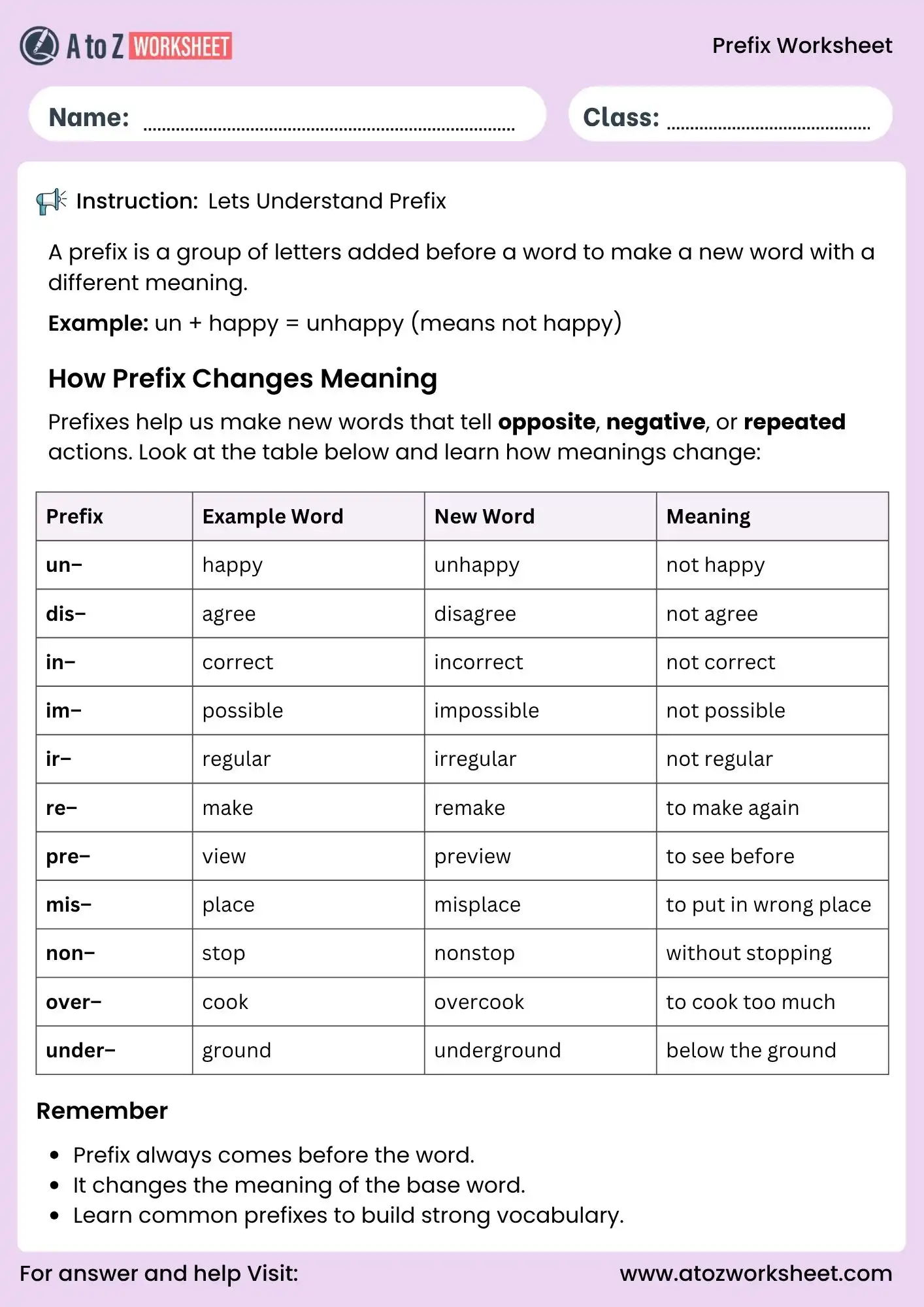 Worksheet image for Prefix Pieces activity in fourth grade reading class Fourth Grade Prefix Pieces worksheet focusing on reading skills