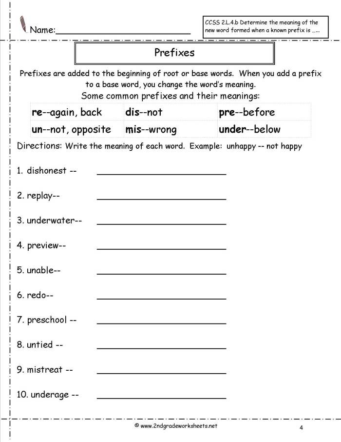 Reading worksheet focusing on prefix pieces for grade four students Fourth Grade Prefix Pieces worksheet with reading exercises