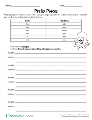 Reading worksheet with prefix exercises for fourth grade learners Fourth Grade Prefix Pieces worksheet focusing on reading skills