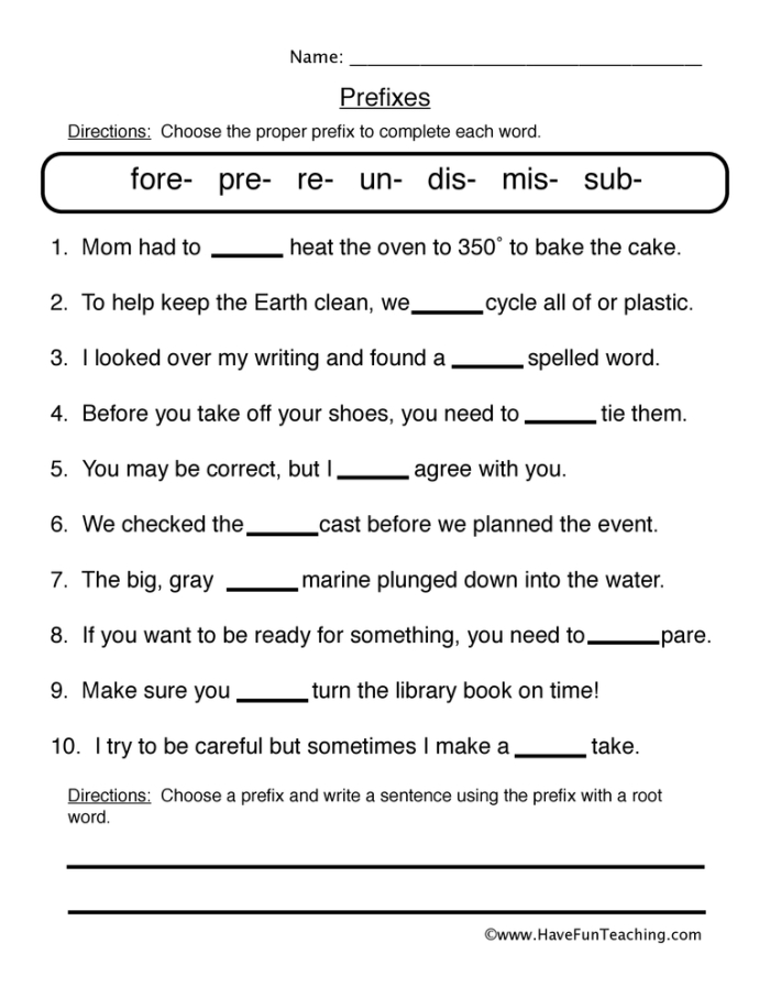 Fourth Grade Circle the Prefixes worksheet focusing on root words and prefixes