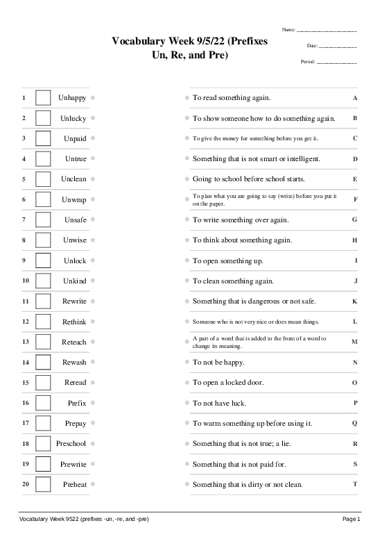Fourth grade Circle the Prefixes worksheet focusing on root words and prefixes