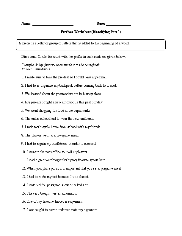 Fourth Grade Circle the Prefixes worksheet focusing on root words and prefixes