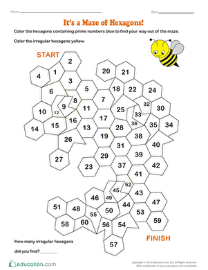 Writing worksheet for Fourth Grade Students engaged in the It's a Maze of Hexagons! worksheet identifying prime numbers and polygons. Educational image showcasing a fourth-grade math activity focused on shapes and numbers.