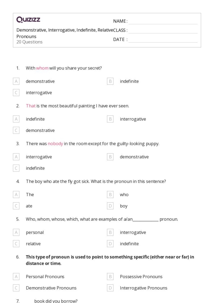 Worksheet showcasing a Pronoun Review for fourth grade students focusing on possessive, relative, and indefinite pronouns